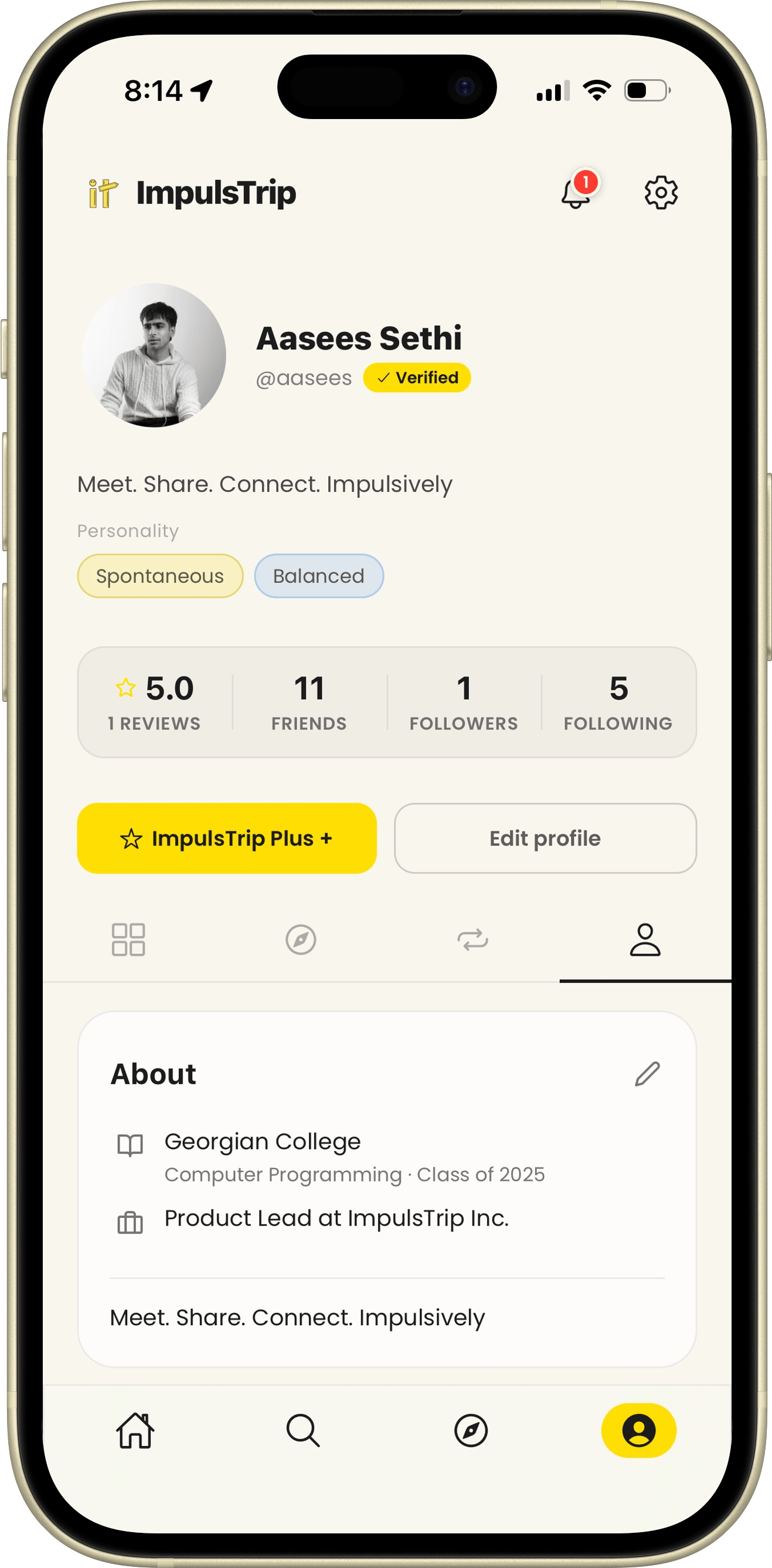 ImpulsTrip app screen: Your profile: verification, personality tags and reviews